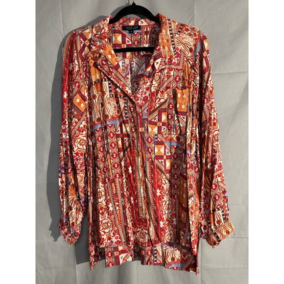 Rachel Zoe Top Womens XS Red Aztec Western Oversized Button Flowy Boho Bohemian - Picture 6 of 8